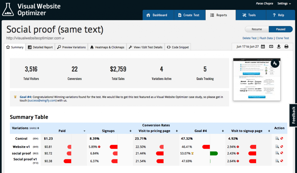 visual website optimizer screenshot